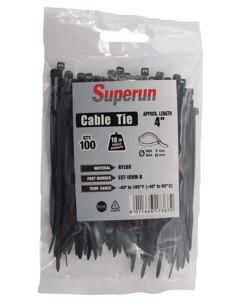 Superun Black Zip Ties 4 Inch, 18 Lbs Tensile Strength Wire Ties (Industrial Grade Cable Ties) Pack of 100 - Image 1